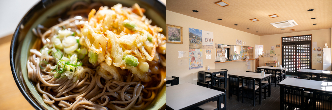 かき揚げそばと店内の写真