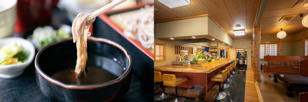 天ざるそばと店内の写真